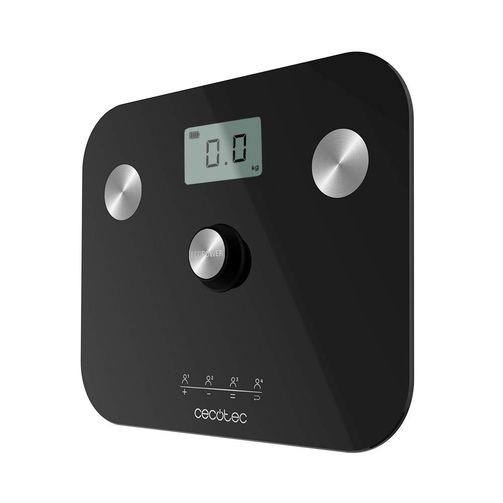 Balance Pèse-personne avec bouton-poussoir EcoPower 10100 Full Healthy Black, Surface en verre trempé très sécurisée et capteurs de précision, Grand écran LCD, de 8 kg jusqu’à 180 kg