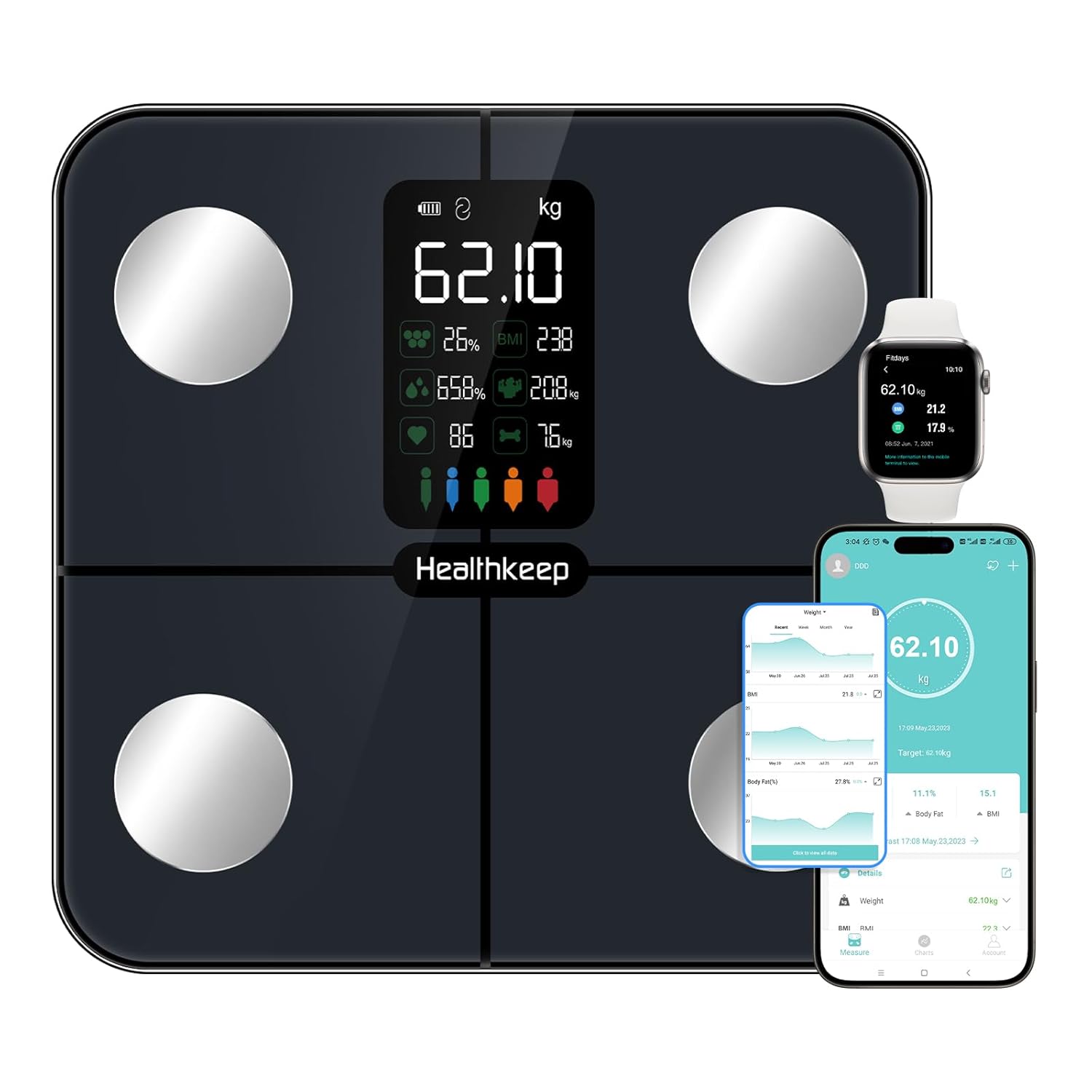Balance Pèse Personne Balance Connectée Impédancemètre avec Affichage VA 15 Données Corporelles et Fréquence Cardiaque pour APP Andriod et iOS Max - 180kg/400lb, Bleu