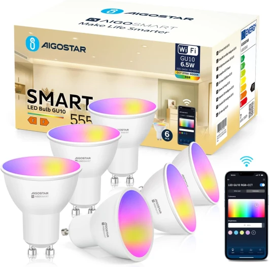 Ampoule Connectée Alexa GU10 7W 555LM Ampoule Connectée WiFi LED RGB/2700K-6500K, App Contrôle, Compatible avec Alexa/Google Home, Ampoule Intelligente Pas Besoin de Hub, 6 Unités Gu10 Rgb Cct, 6.5w 6Unités