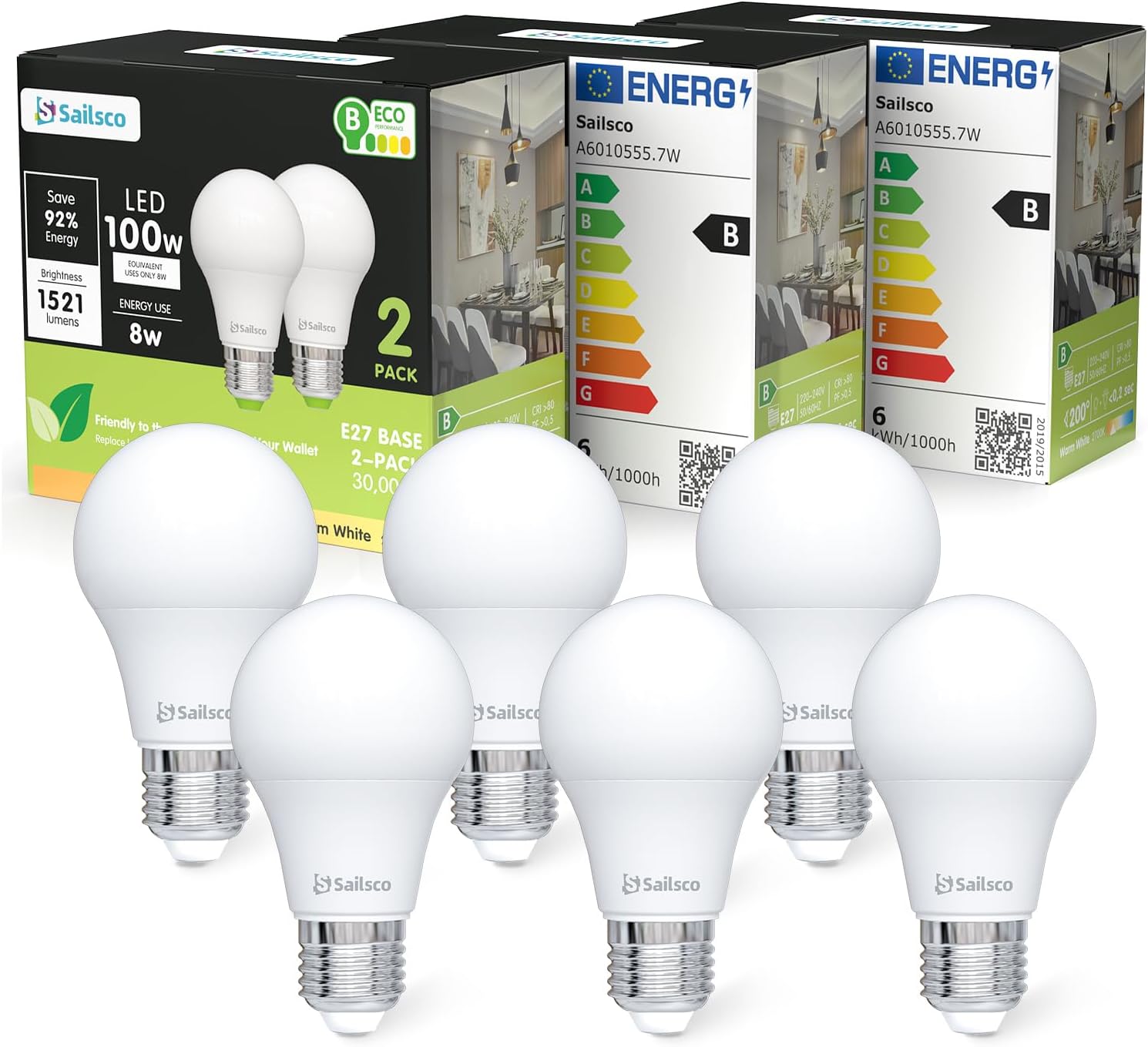 Classe B Ampoule LED E27 Blanc Chaud,8W Equivalent Ampoule Incandescence 100W, 2700K Lumière Blanche Chaude 1521LM, Ampoule à économie d'énergie A60, Non-Dimmable, Lot de 6 A60 E27-8w-2700k Lot de 6