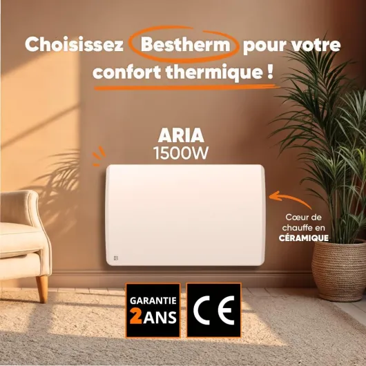 Radiateur électrique fixe à inertie sèche céramique 1500W Bestherm ARIA horizontal blanc Blanc 1500W