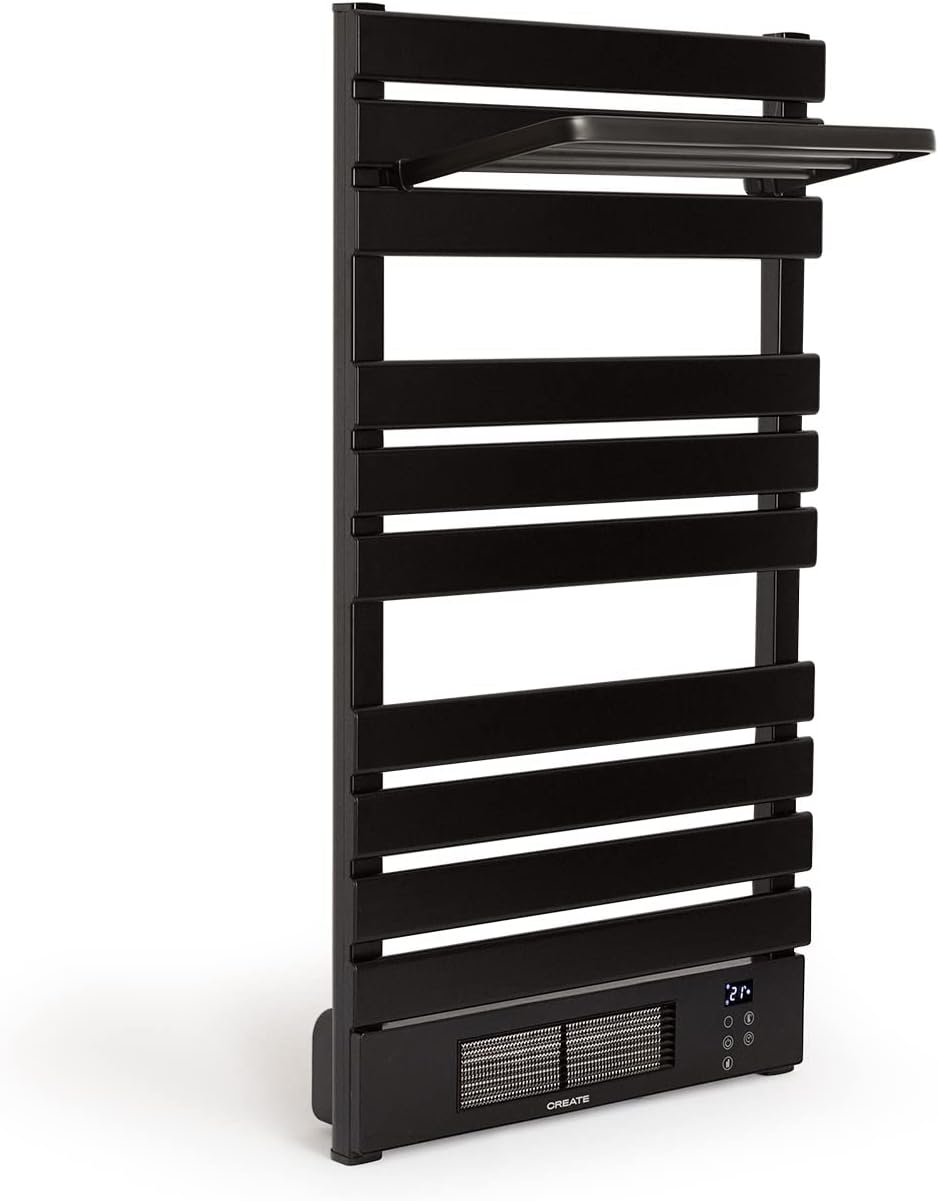 / WARMTOWEL Pro + ÉTAGÈRE/Radiateur Porte-Serviettes avec Chauffage et Wi-FI avec étagère 3 Barres et Crochet Noir / 101x13x55 cm / 1500 W, 2 puissances, pièces jusqu'à 12 m², Technologie PTC Avec Étagère 3 barres Noir