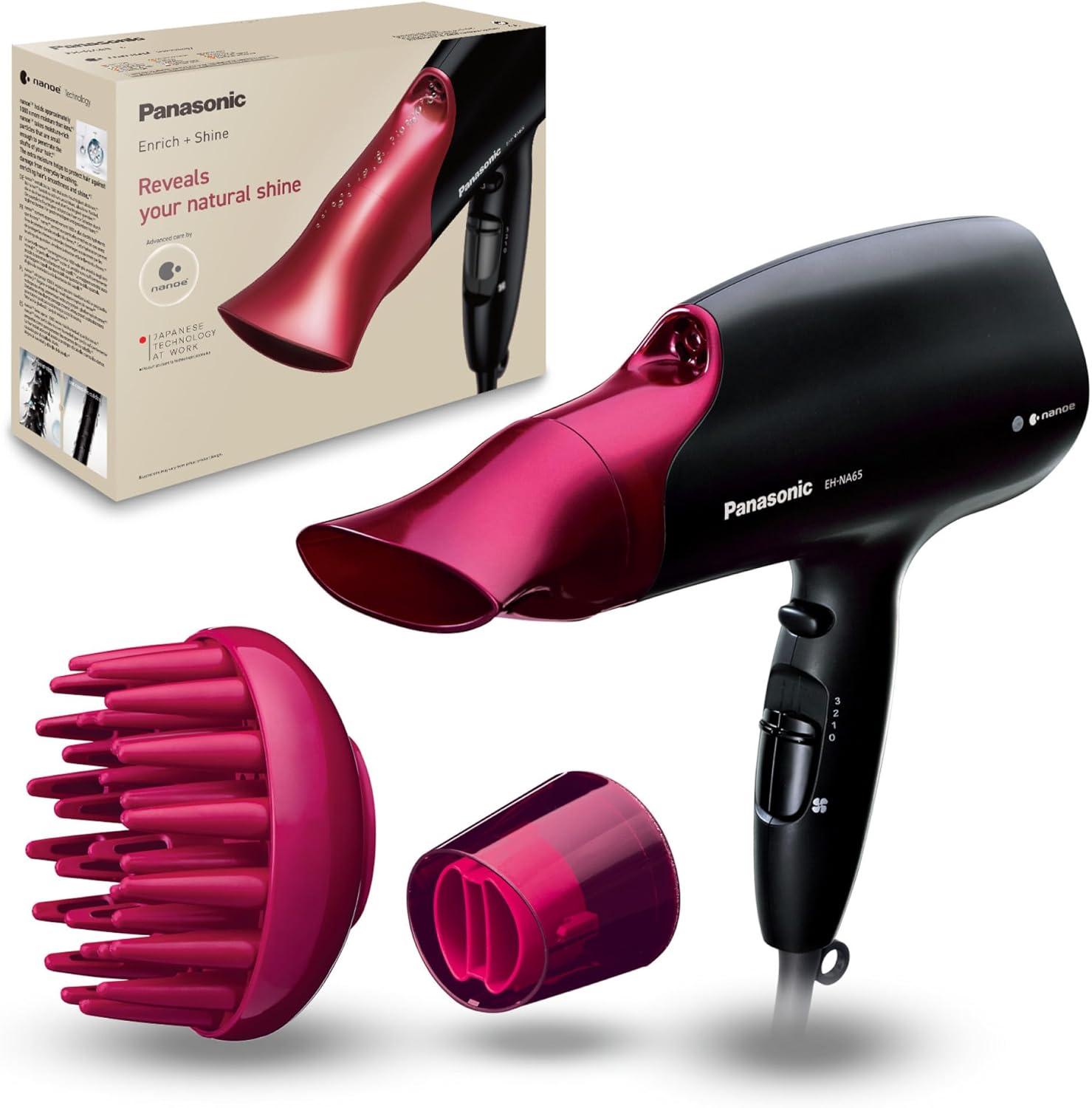 Personalcare EH-NA65-K825 - Sèche-cheveux, Technologie Nanoe, Soin du cheveu, 3 vitesses, 4 températures, 3 accessoires, Touche Air Froid, Noir et rose Noir et Rose Unique