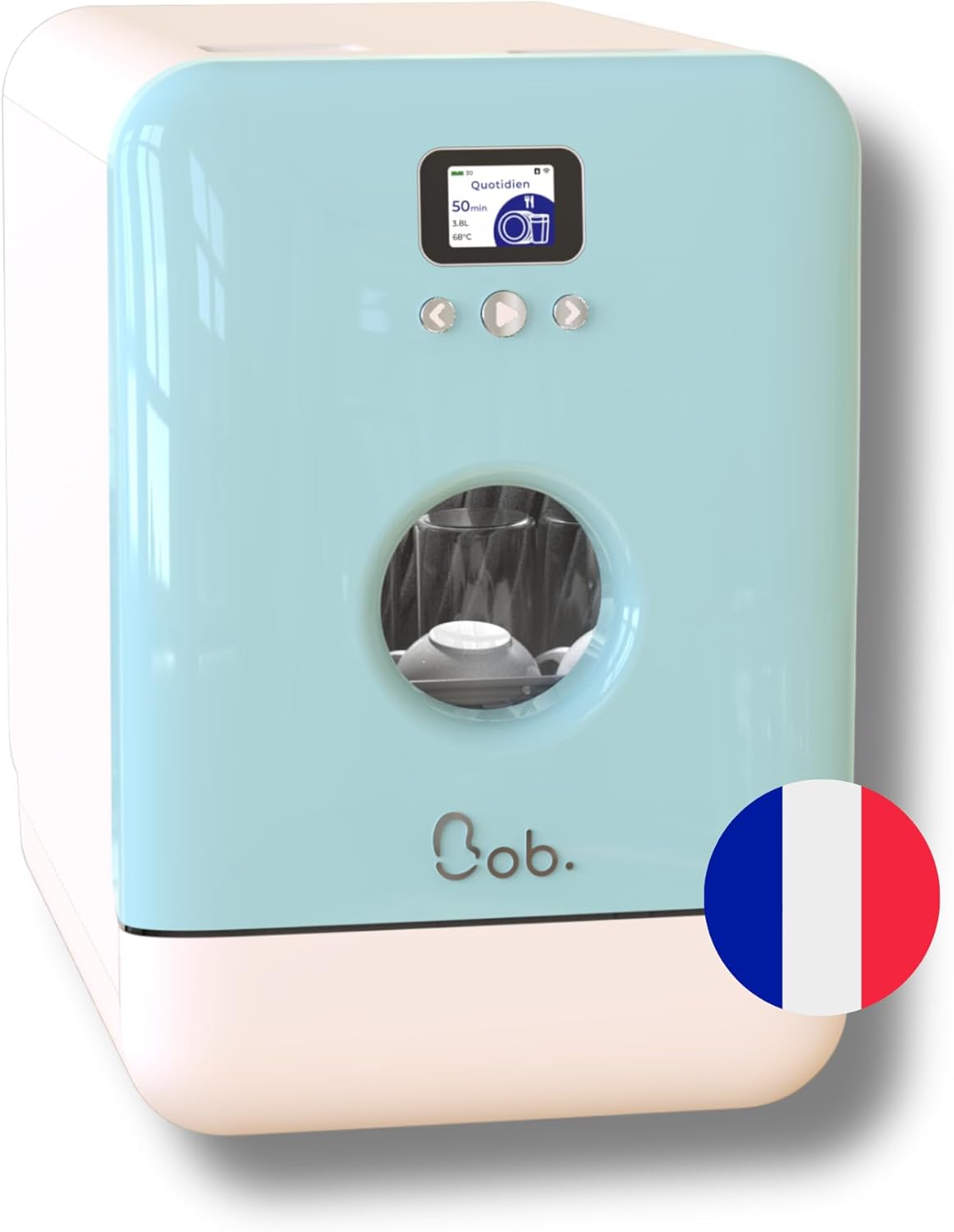 Bob - Lave-vaisselle Compact 3 Couverts Encastrable - Pose Libre, Avec Réservoir, Portable - Séchage Naturel - Assiette 29 cm - Origine France Garantie Blanc-bleu