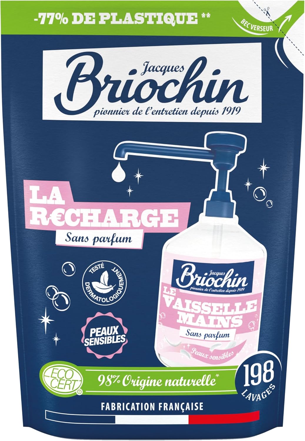 JACQUES BRIOCHIN - Recharge Liquide Vaisselle et Mains -Spécial Peaux Sensibles - Sans Parfum -Testé Dermatologiquement - 98% d'Ingrédients d'Origine Naturelle - Fabrication Française - 450ml Sans parfum 450 ml (Lot de 1)