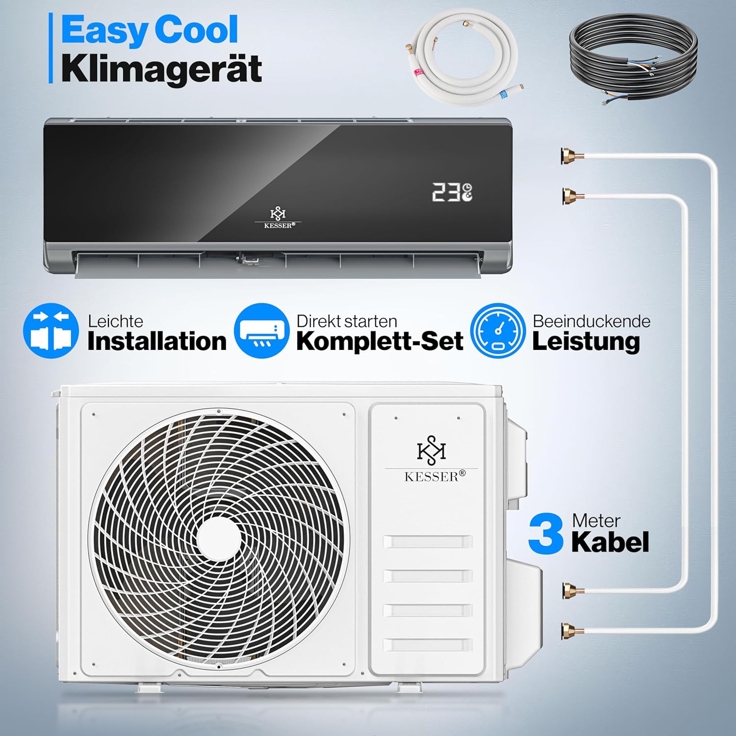 Climatiseur KESSER® SET Split – Wi-Fi/application – Refroidissement A++/chauffage A+ – Réfrigérant R32 – Télécommande, matériel de montage 9 000 BTU/h (2 600 watts) Anthrazite [Classe énergétique A++] Split 9000 BTU/h / 2600 Watt – Anthrazite