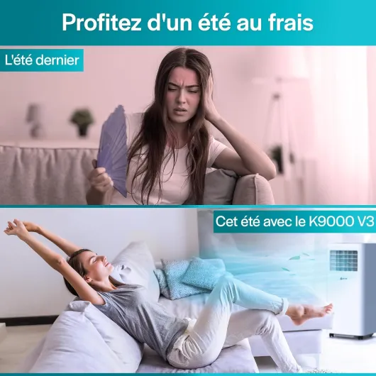 K9000 - Climatiseur Mobile Silencieux 3 en 1 - Climatiseur Portable 9000 BTU - Rafraichisseur d’Air - Déshumidificateur - Ventilateur et Climatisation - Avec Télécommande - Blanc