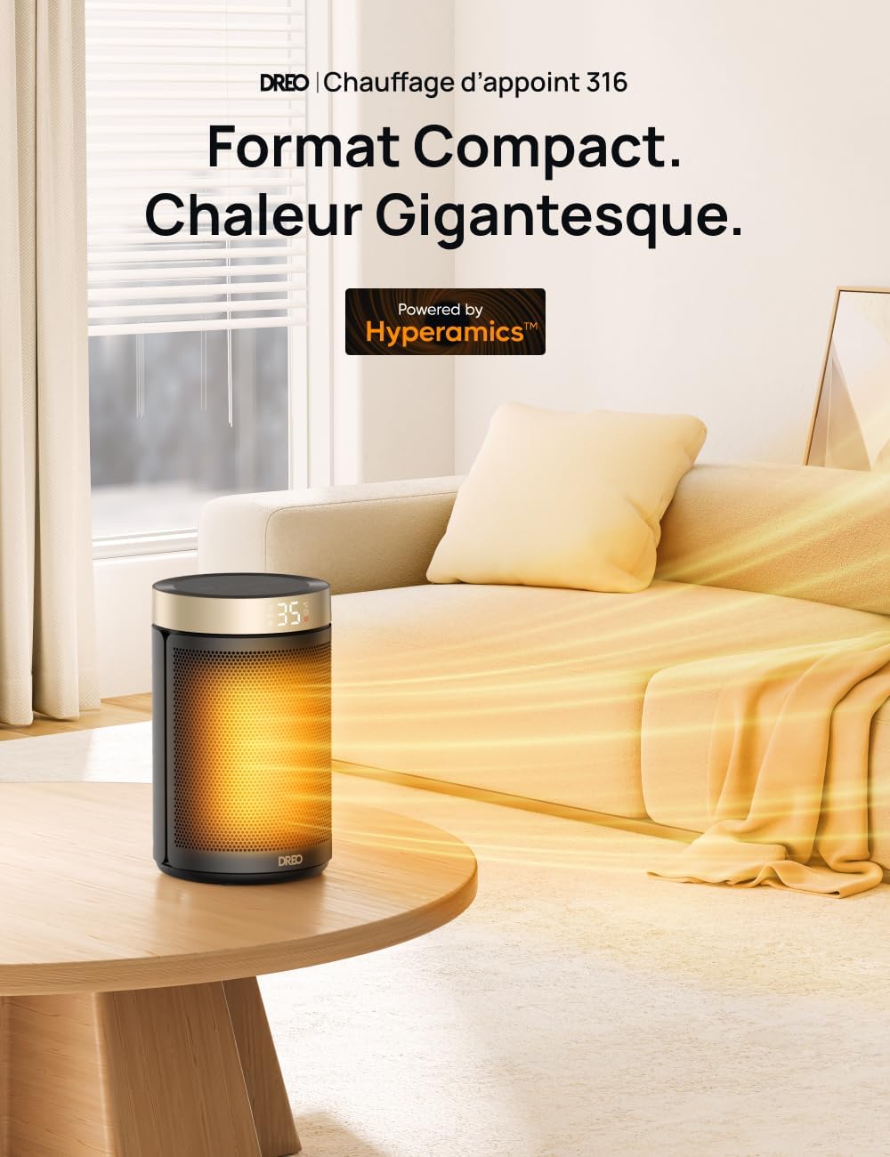 Chauffage d'appoint, Chauffage Electrique Soufflant Economique avec Thermostat, Minuterie 1-12H, Mode Éco, Chauffage Céramique PTC Rapide de 1500 W en toute sécurité, Chauffage 316 Dorée standard