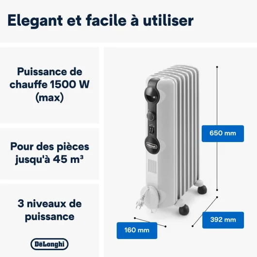 De'Longhi Radia S - Radiateur à Huile pour Pièces jusqu'à 45m³, Chauffage Électrique avec Thermostat de Sécurité, 7 Éléments, Chauffage Personnalisé avec Antigel, Portable, 1500W, Blanc (TRRS0715) Unique