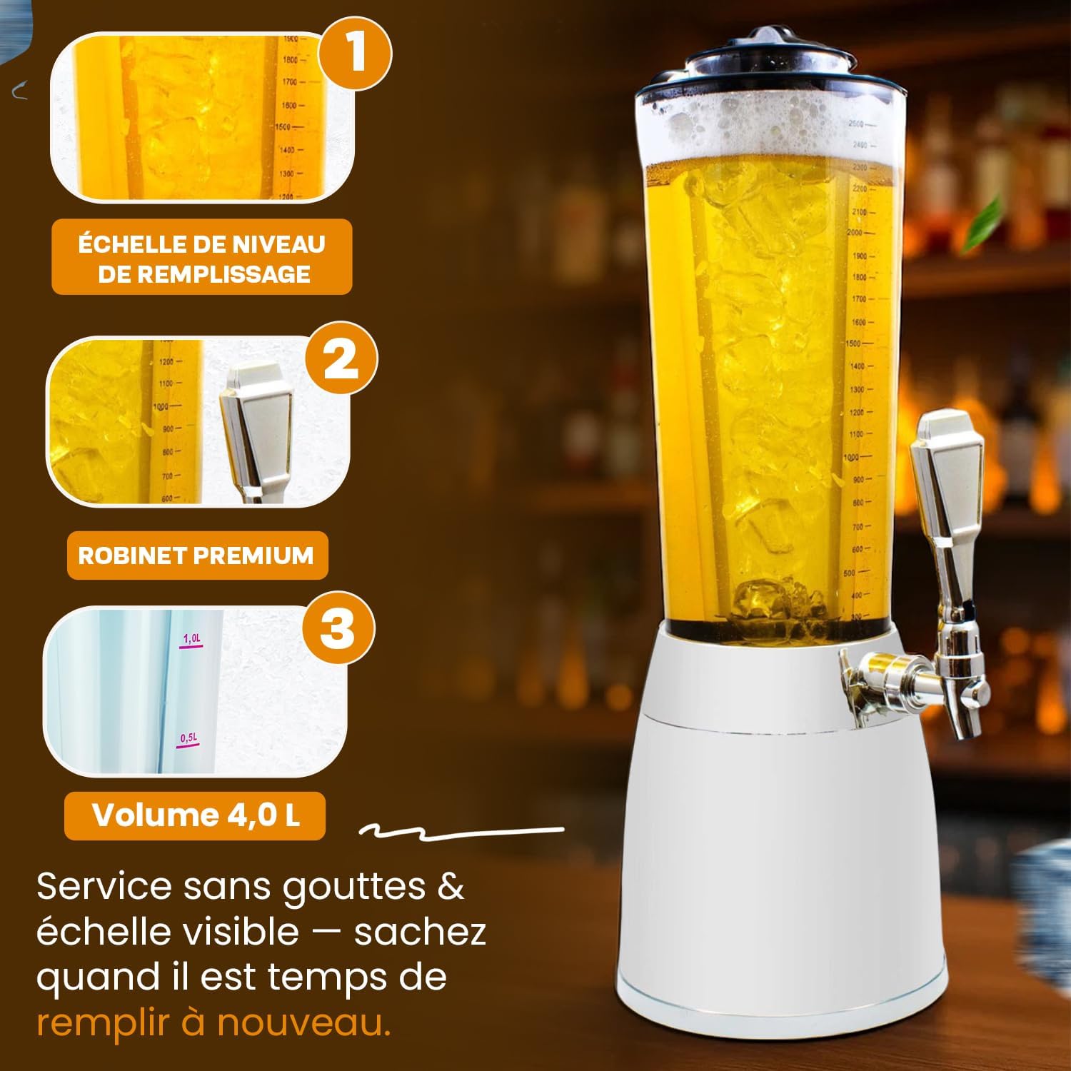 GOODS+GADGETS® Girafe à Bière 4 Litres avec Distributeur & Refroidissement - Pompe à bière 4 L, élément réfrigérant 1,35 L amovible, robinet de précision, sans odeur plastique Blanc