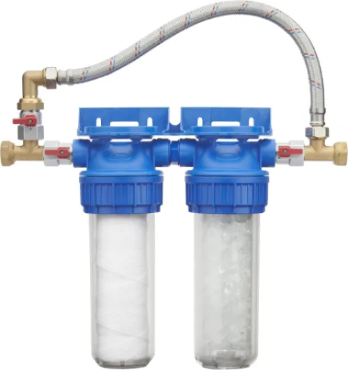 Station Double traitement Anti Calcaire/filtration Anti Impuretés 25 microns avec By Pass + raccords écrous tournants + vannes + clé de desserage + cartouches 12 mois fournies ORIA Avec Bypass