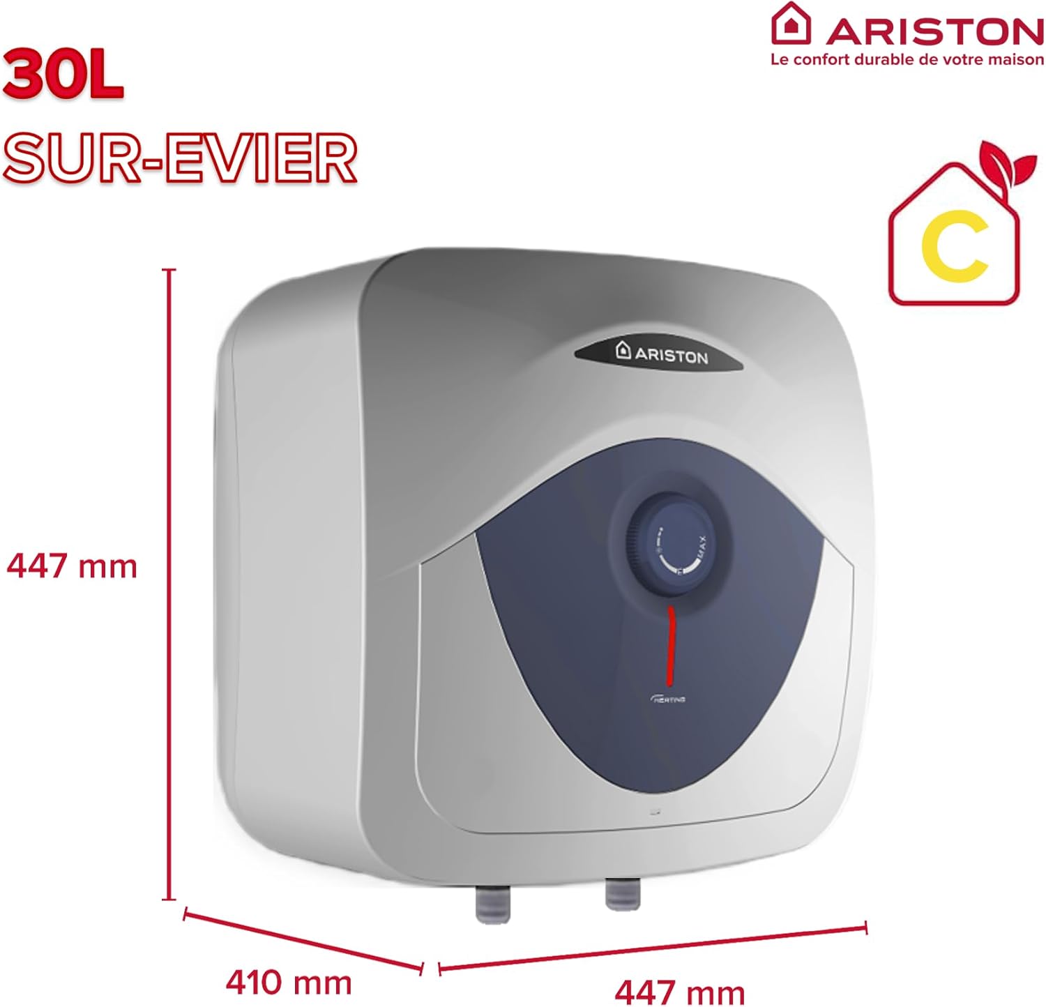 Blu Evo RS 30L - Chauffe-eau électrique Sur-Evier 30 litres, Profil de Charge S, Puissance 2000 W - Compact, facile à utiliser - Conçu et fabriqué pour être installé en France - Chauffe-eau 30 L sur évier