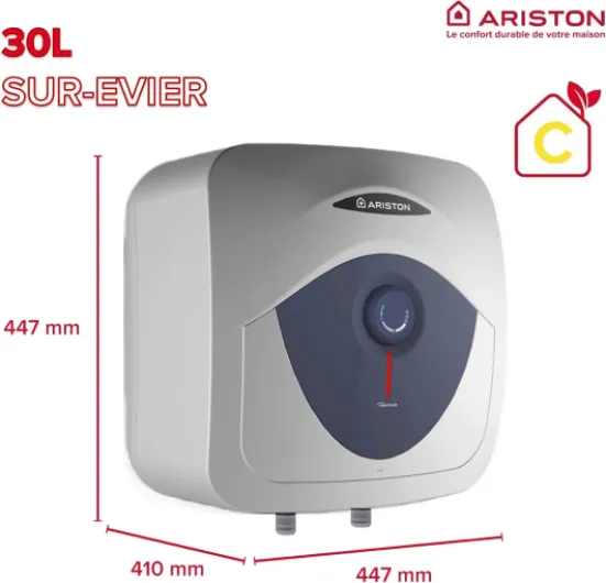 Blu Evo RS 30L - Chauffe-eau électrique Sur-Evier 30 litres, Profil de Charge S, Puissance 2000 W - Compact, facile à utiliser - Conçu et fabriqué pour être installé en France - Chauffe-eau 30 L sur évier