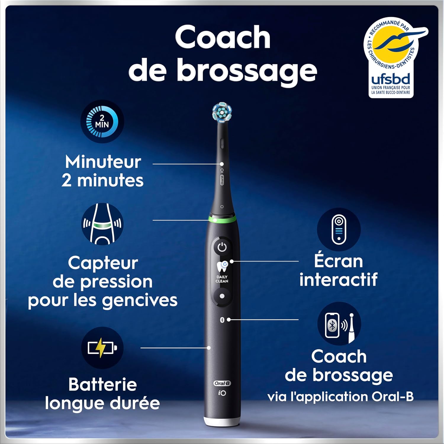 Oral-B Brosse à Dents Electrique iO 6, 3 Brossettes de Rechange, Noire - 5 Modes de Brossage dont Blancheur et Soin des Gencives, Capteur de Pression, Batterie Rechargeable, Etui, en Carton