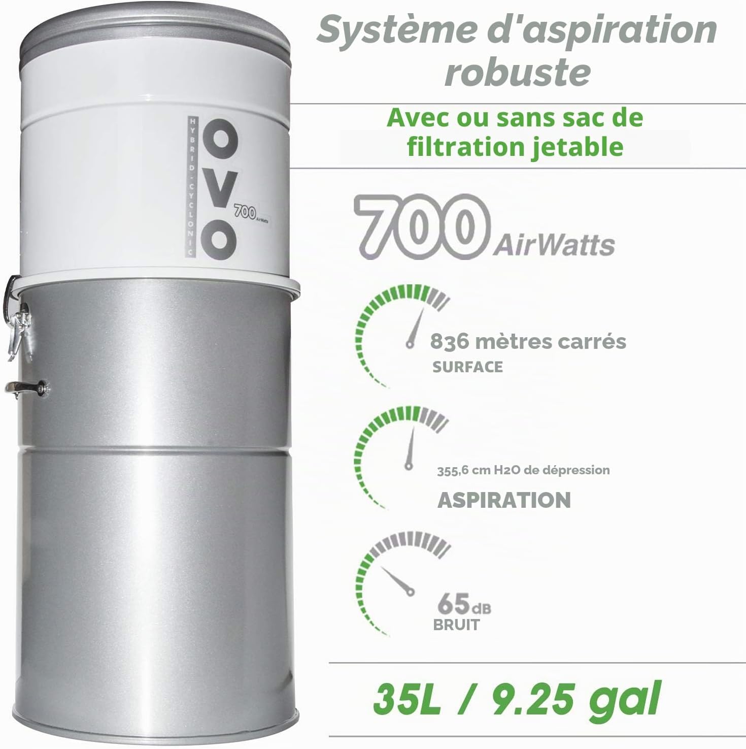 OVO OVO-700ST-35H Système d'aspirateur Central Puissant de 700 Airwatts, Filtration Hybride (avec ou sans Sacs jetables) 35 l ou 9,25 gallons à Chargement par Le Bas, Blanc