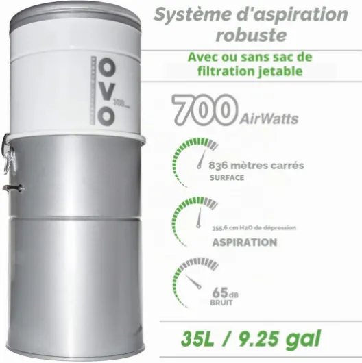 OVO OVO-700ST-35H Système d'aspirateur Central Puissant de 700 Airwatts, Filtration Hybride (avec ou sans Sacs jetables) 35 l ou 9,25 gallons à Chargement par Le Bas, Blanc