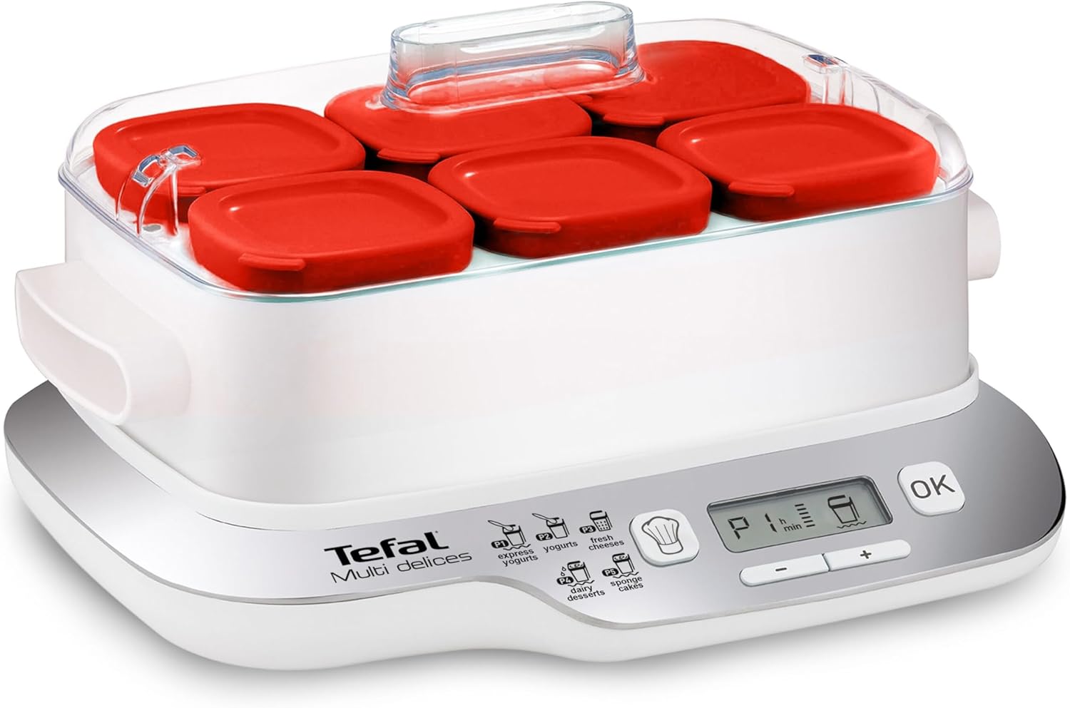Multi Delices Express Yaourtière 6 Pots Format Compact - Rouge - Yaourtière 5 programmes pour yaourts - Desserts lactés et fromages blancs - Technologie vapeur pour ferments lactiques
