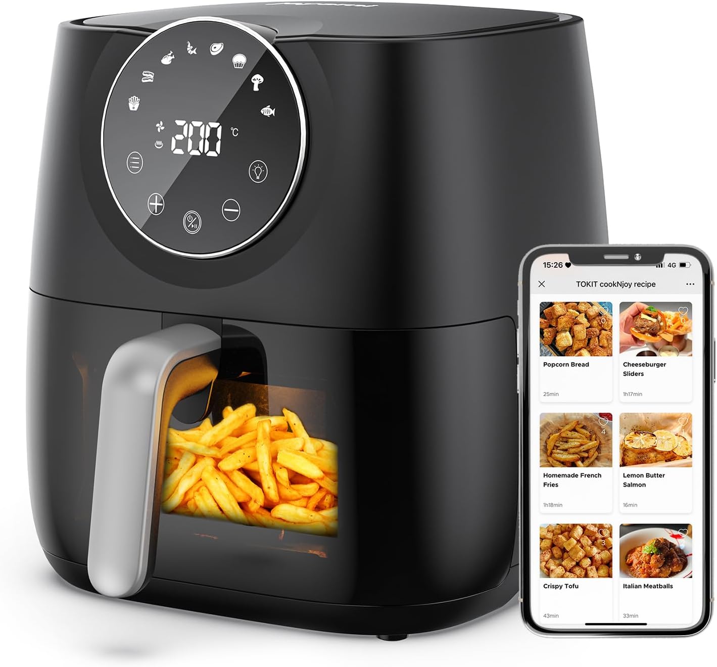 Friteuse à Air Chaud Sans Huile Electrique 5,7L XXL Air Fryer avec Fenêtre Visuell 100+Recettes en Line 8 Programmes de Cuisine Température Réglable Cuire Frire Rôtir Griller pour 2-4 Personnes 5.7L
