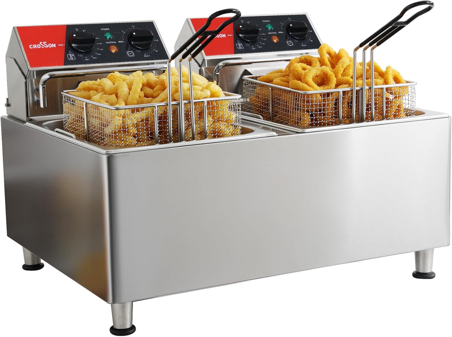 Crosson Friteuse électrique CROSSON 16 L à double réservoir avec tête de friteuse rotative, minuterie de 30 minutes, thermostat EGO, friteuse de comptoir pour usage commercial 16L