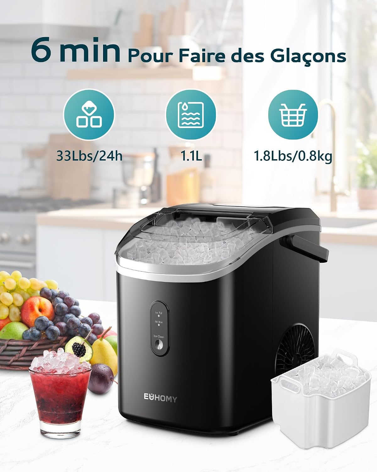 EUHOMY Machine à glaçons 15 kg/24 h, fabrication en 6 minutes, glace pilée, pépites glace, nettoyage automatique, machine à glaçons de table 120 W, capteur infrarouge, économe en énergie, noire