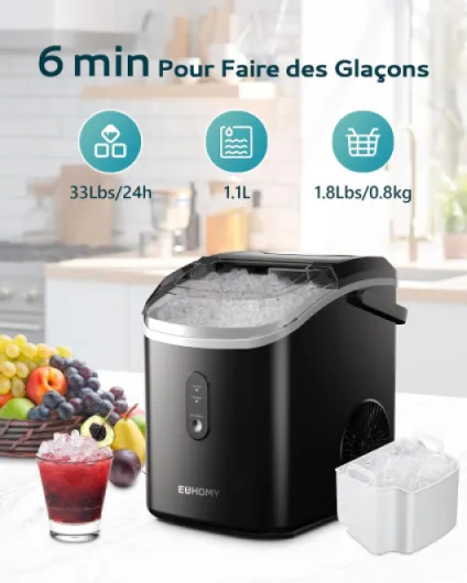 EUHOMY Machine à glaçons 15 kg/24 h, fabrication en 6 minutes, glace pilée, pépites glace, nettoyage automatique, machine à glaçons de table 120 W, capteur infrarouge, économe en énergie, noire